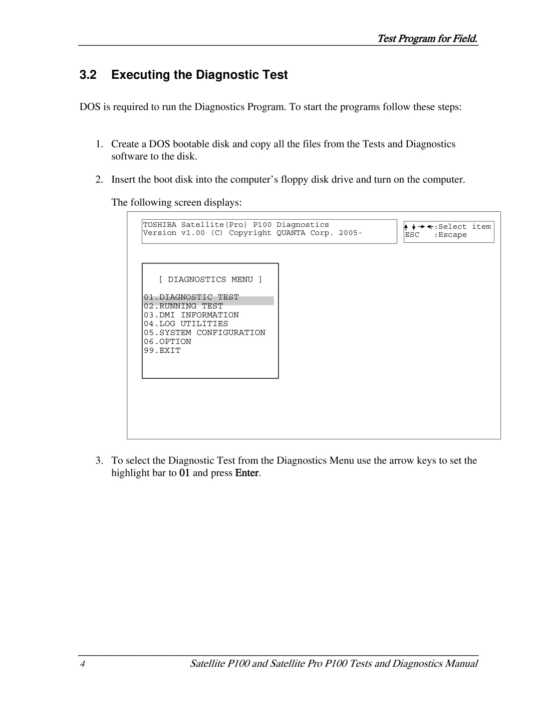 Toshiba satellite p100 manual Executing the Diagnostic Test 