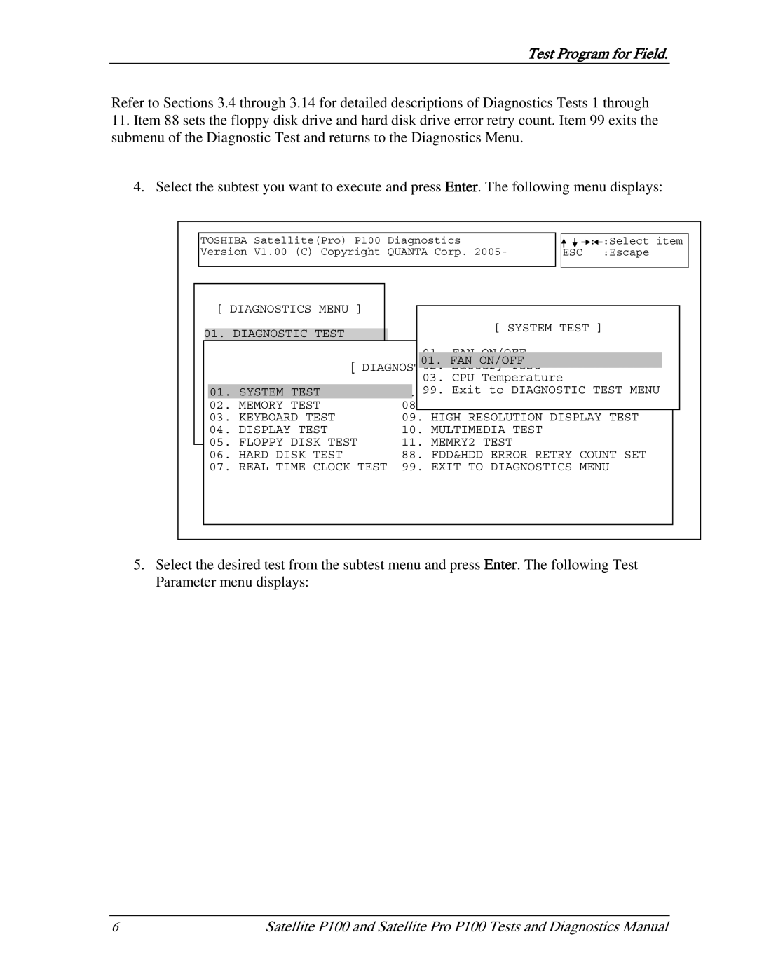 Toshiba satellite p100 manual LOG Utilities Diagnostic Test Menu 