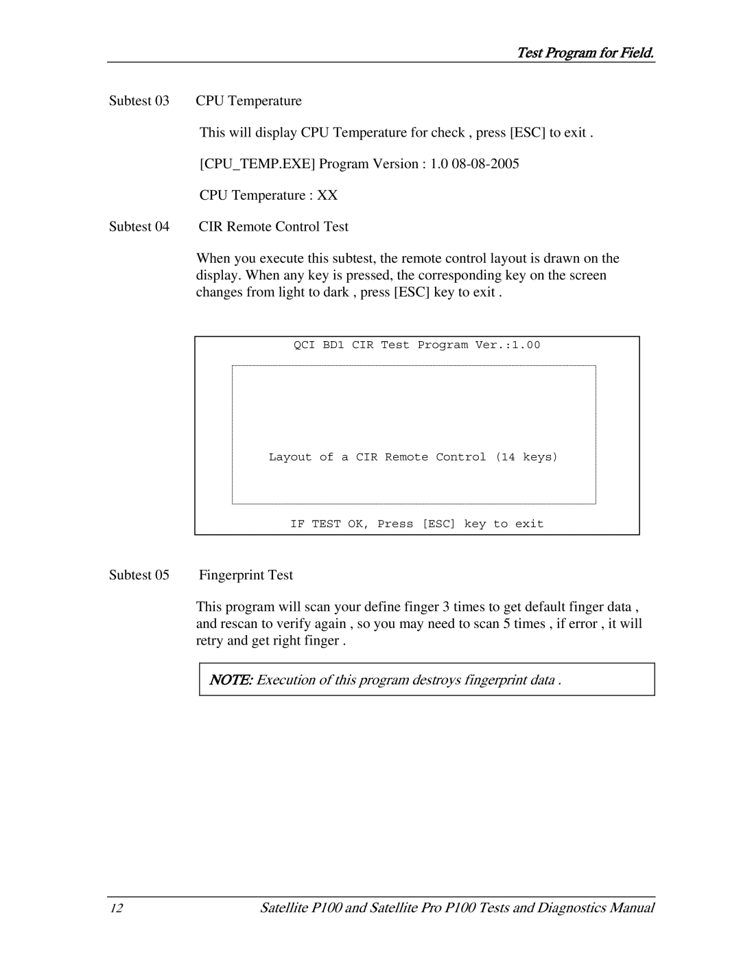 Toshiba satellite p100 manual Test Program for Field 