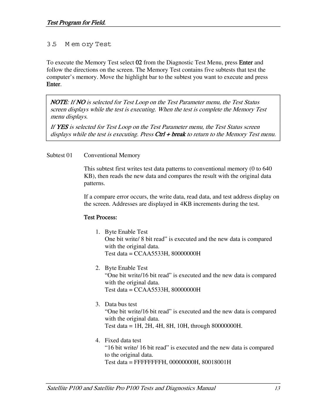 Toshiba satellite p100 manual Memory Test, Test Process 