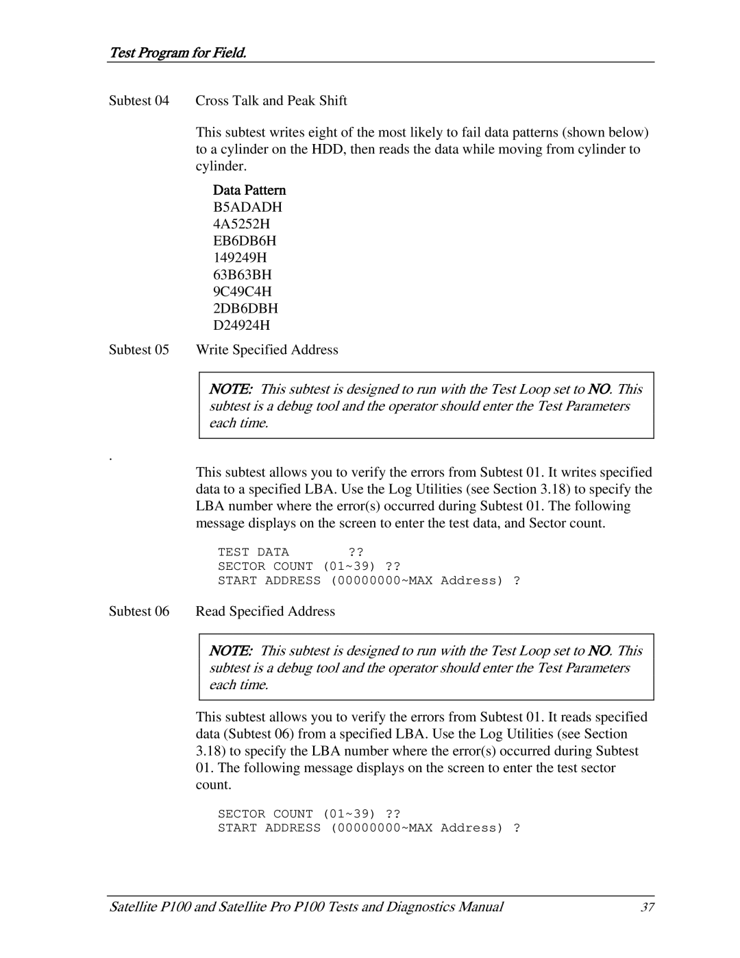 Toshiba satellite p100 manual Data Pattern 