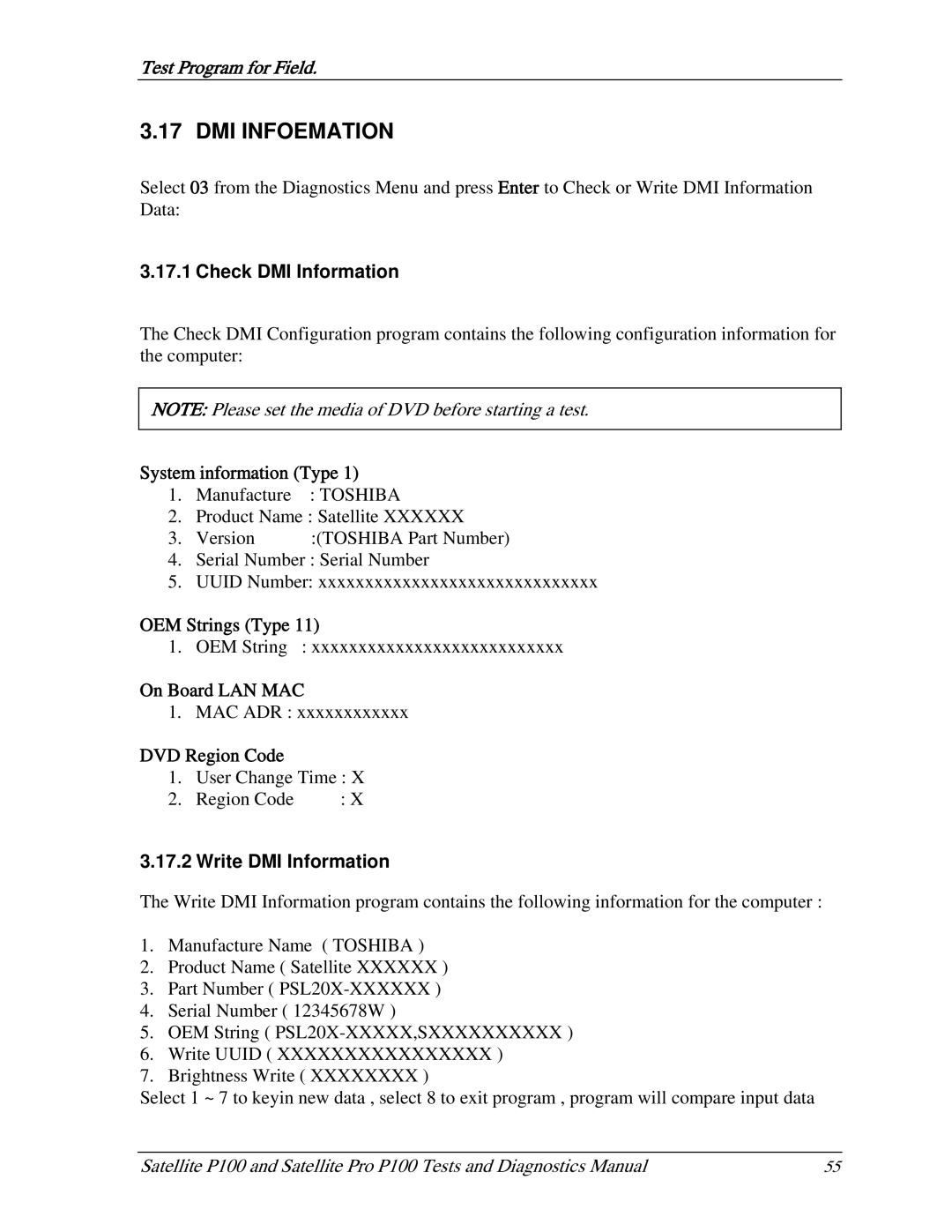 Toshiba satellite p100 manual Check DMI Information, Write DMI Information 