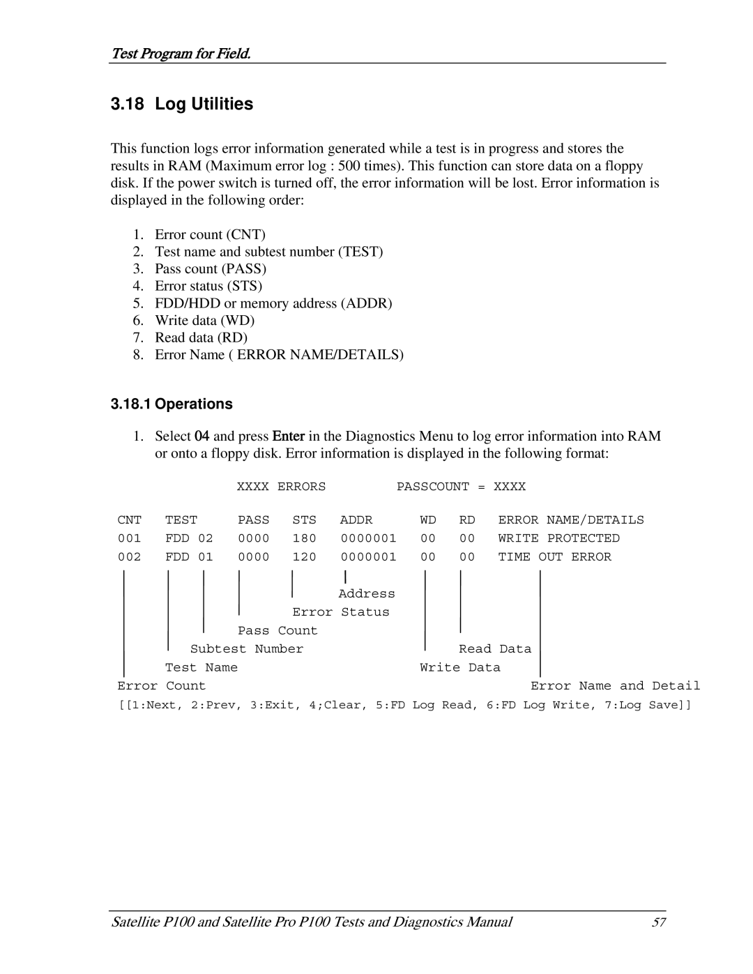 Toshiba satellite p100 manual Log Utilities, Operations 