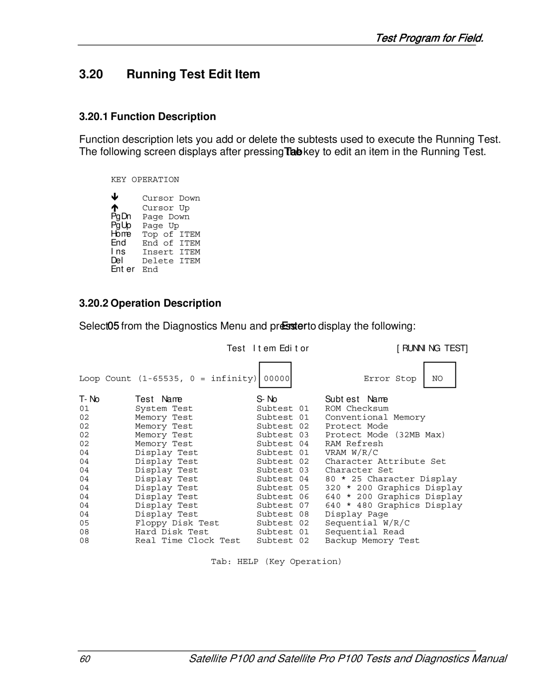 Toshiba satellite p100 manual Running Test Edit Item, Function Description, Operation Description 