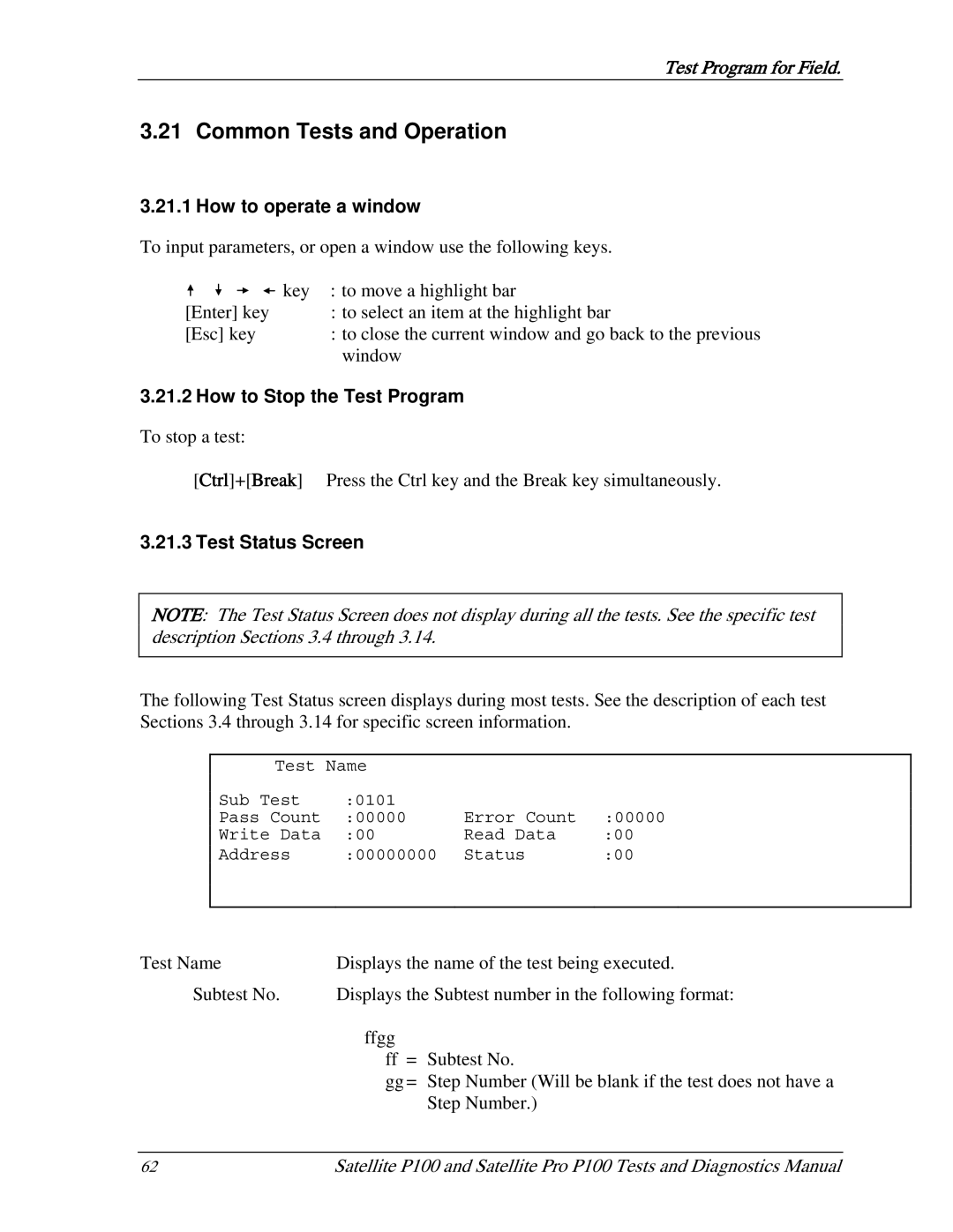 Toshiba satellite p100 manual Common Tests and Operation, How to operate a window, How to Stop the Test Program 