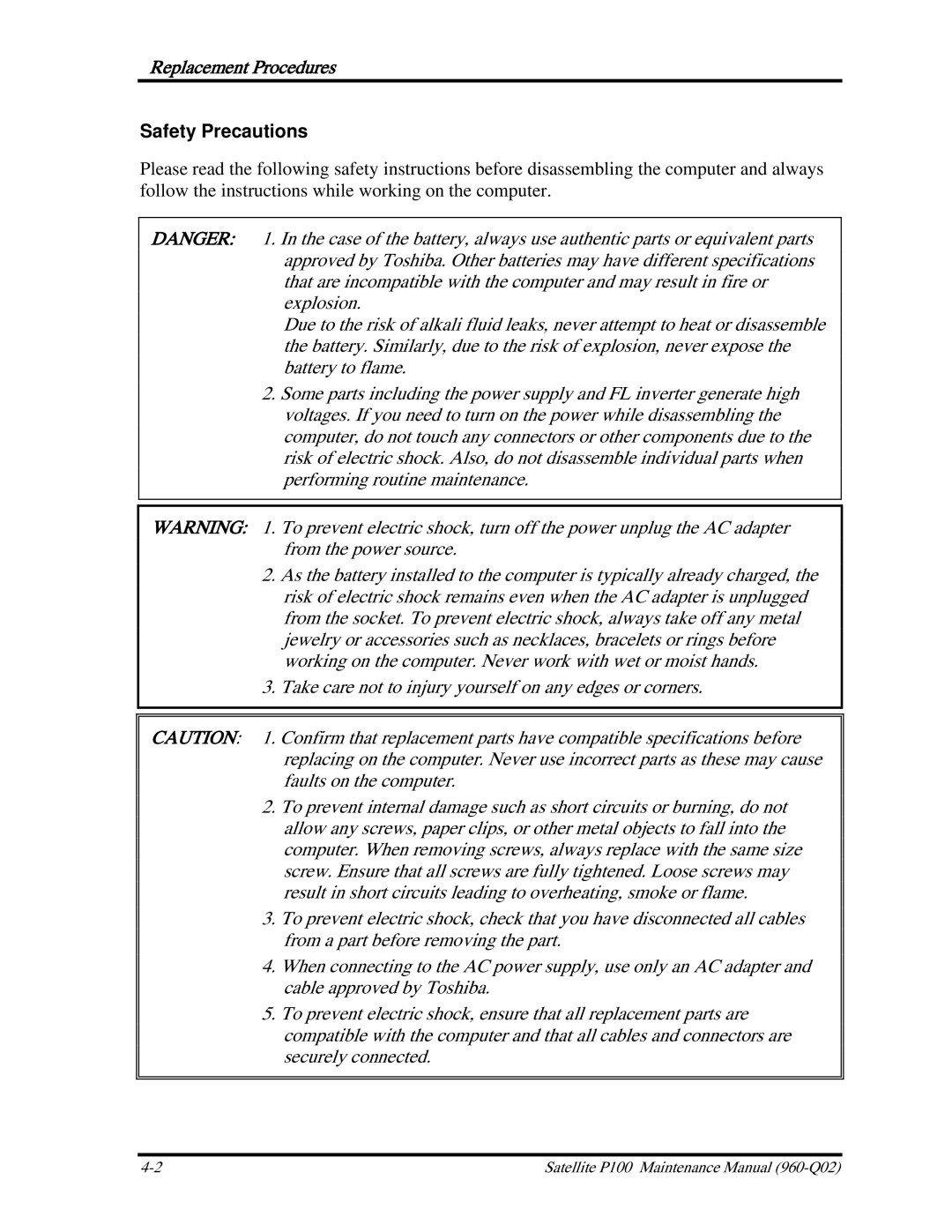 Toshiba satellite p100 manual Safety Precautions 