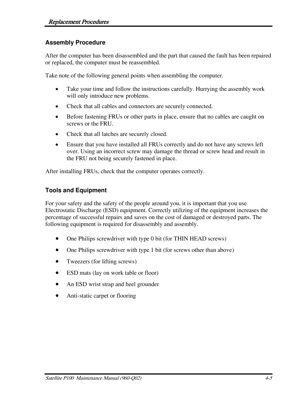 Toshiba satellite p100 manual Assembly Procedure, Tools and Equipment 