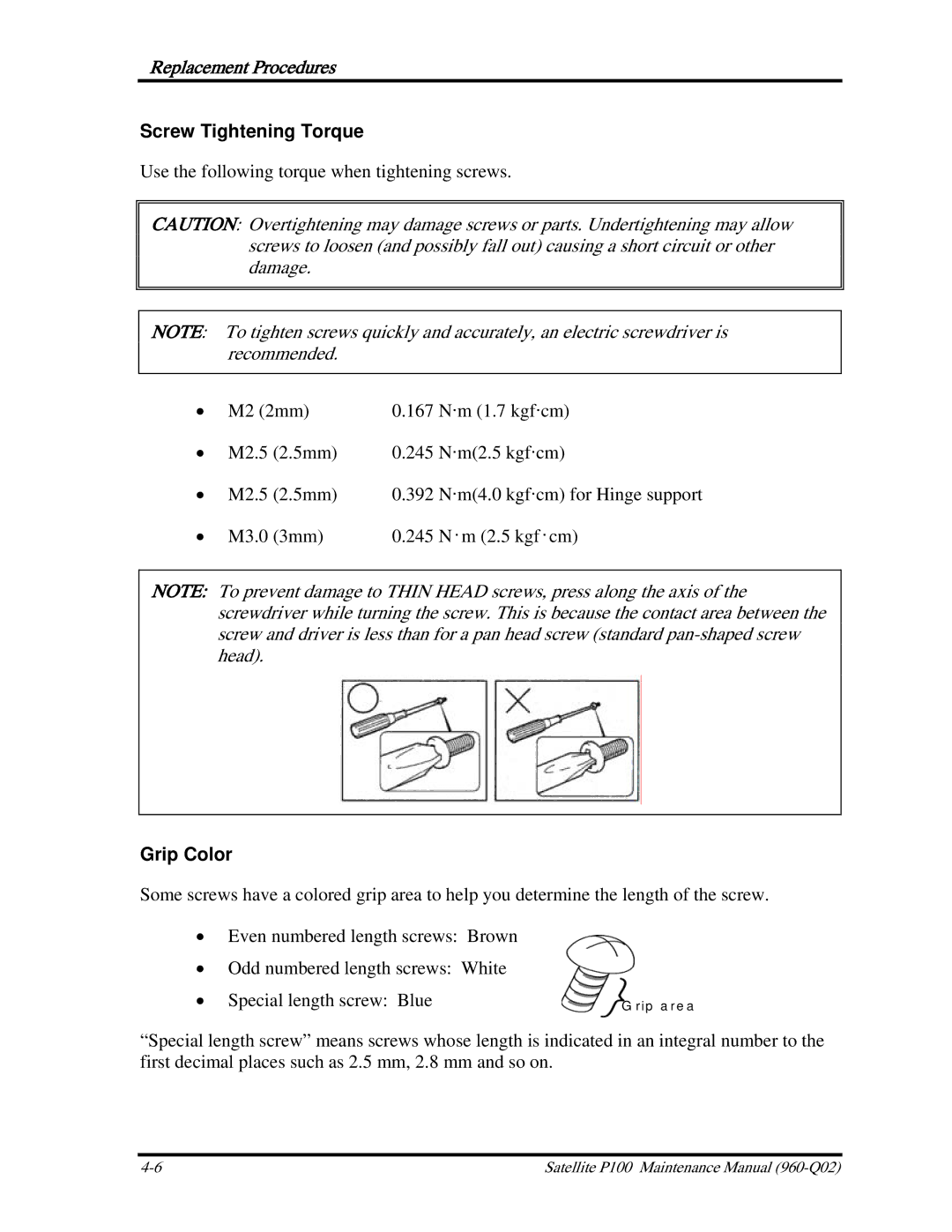 Toshiba satellite p100 manual Screw Tightening Torque, Grip Color 