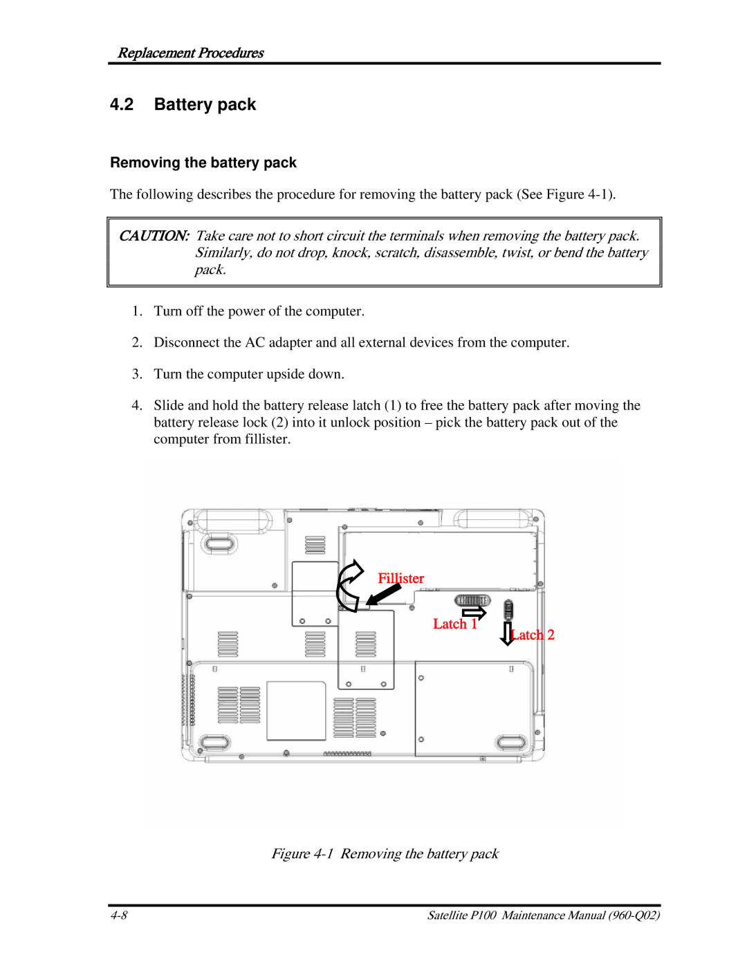 Toshiba satellite p100 manual Battery pack, Removing the battery pack 