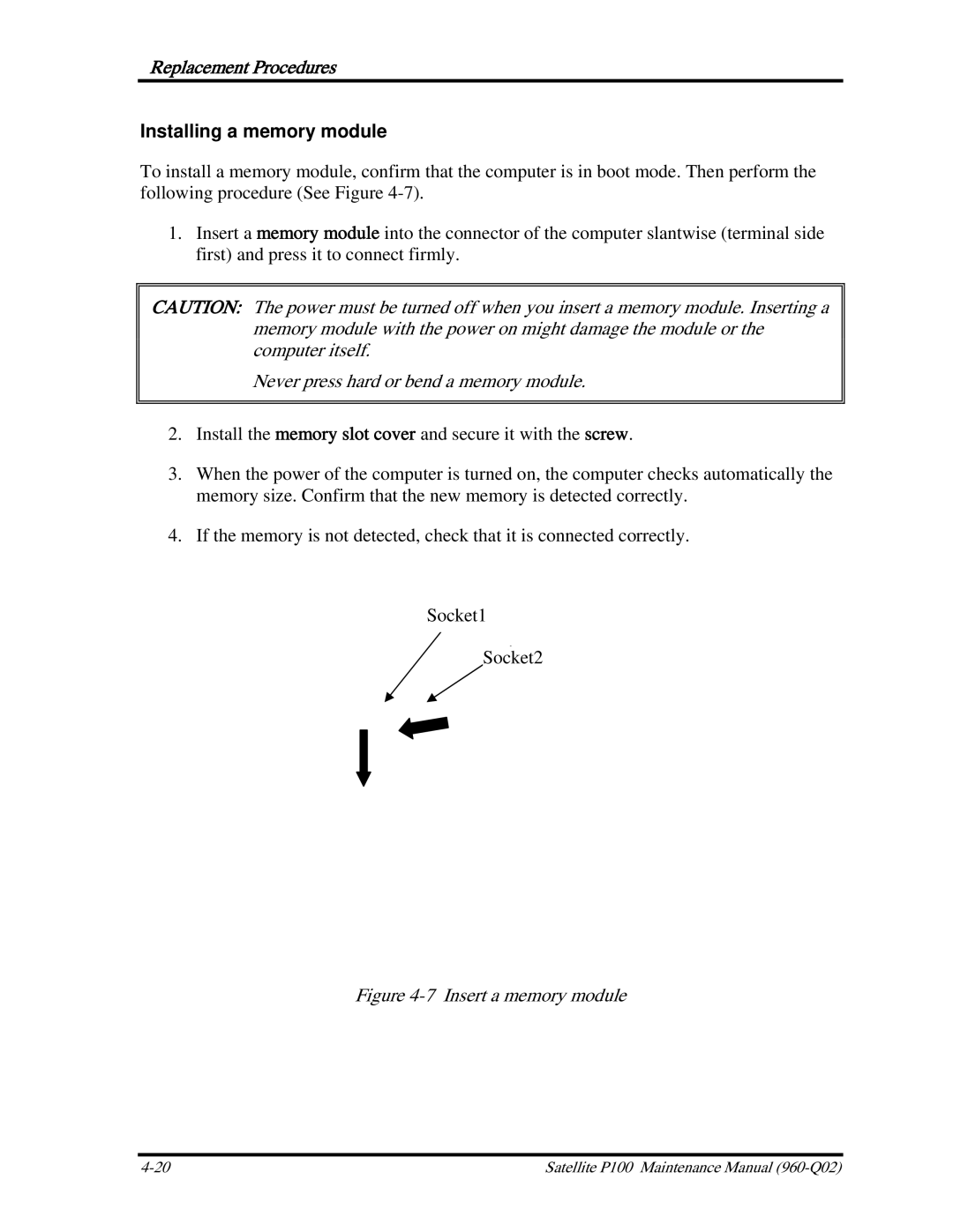 Toshiba satellite p100 manual Installing a memory module, Insert a memory module 