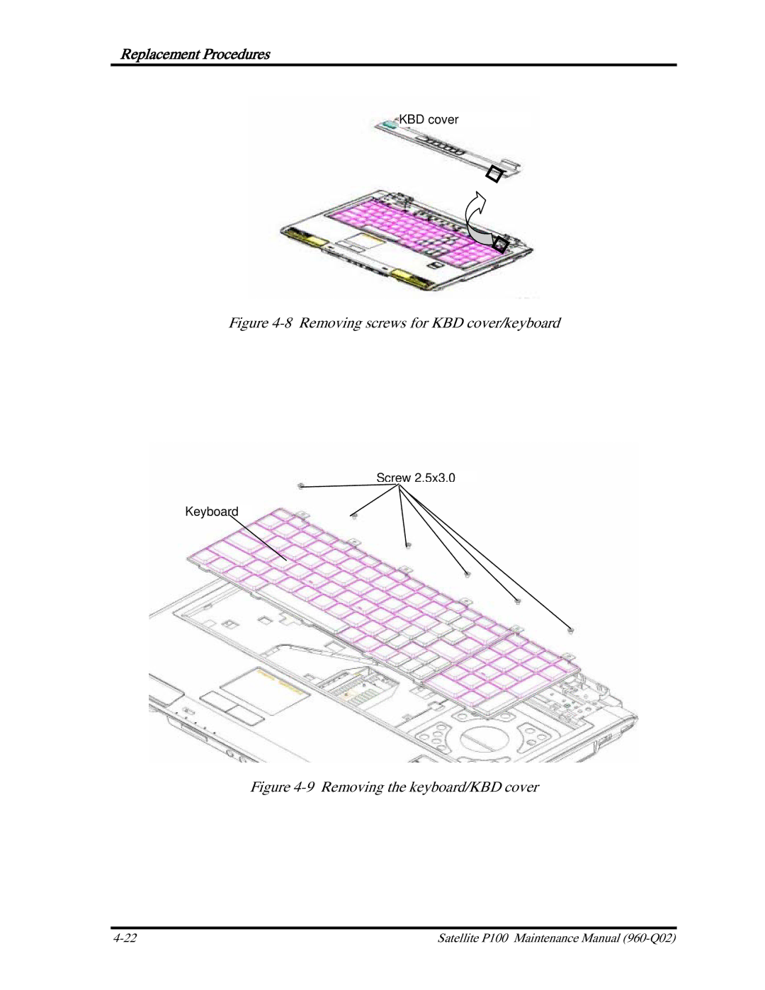 Toshiba satellite p100 manual Removing screws for KBD cover/keyboard 