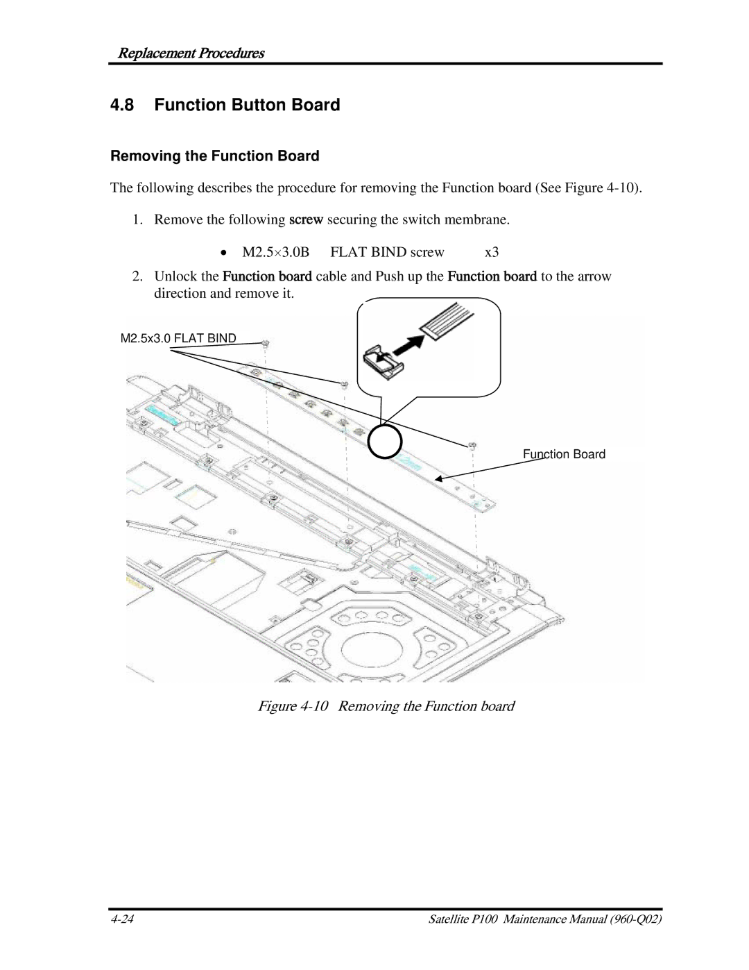 Toshiba satellite p100 manual Function Button Board, Removing the Function Board 