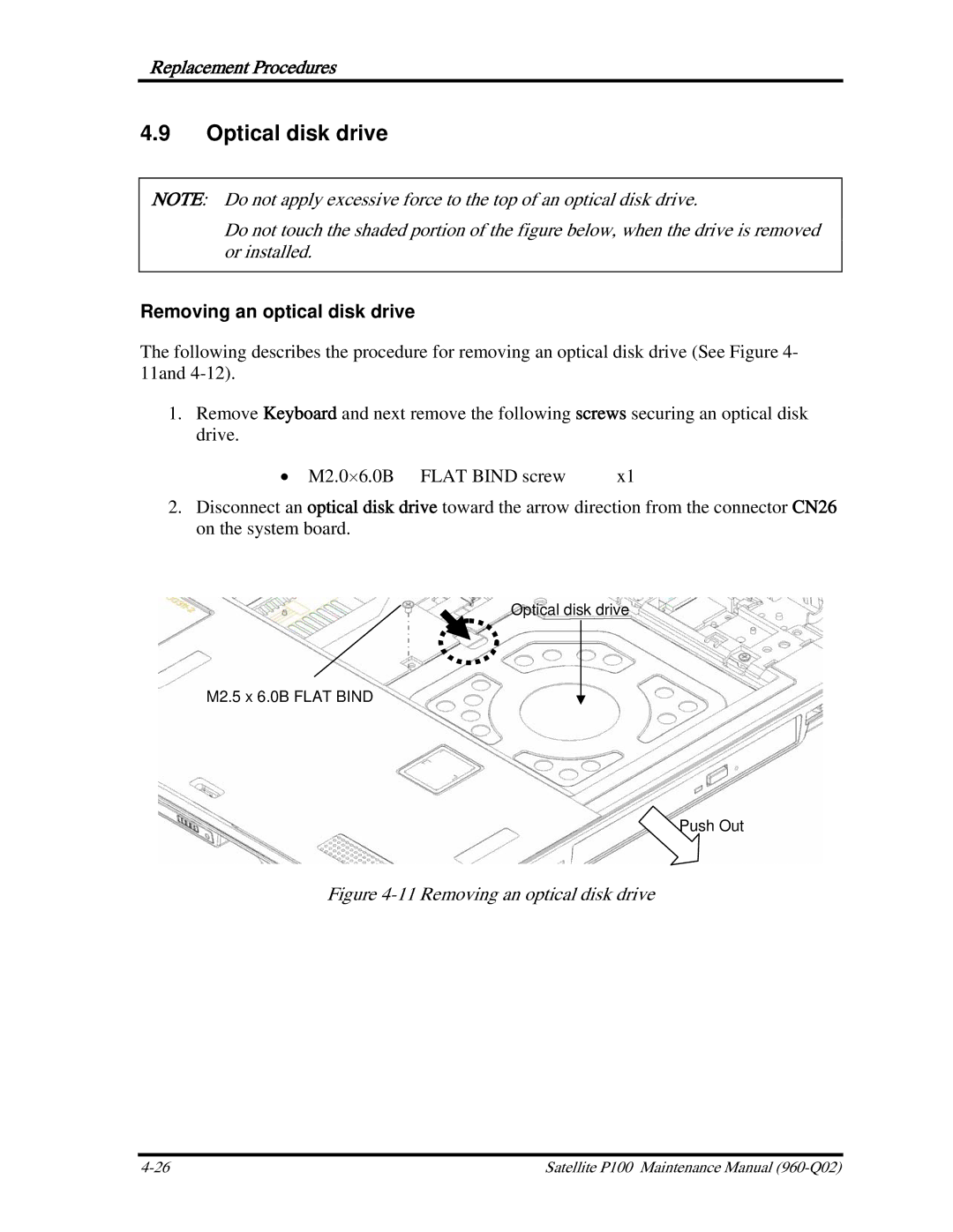 Toshiba satellite p100 manual Optical disk drive, Removing an optical disk drive 