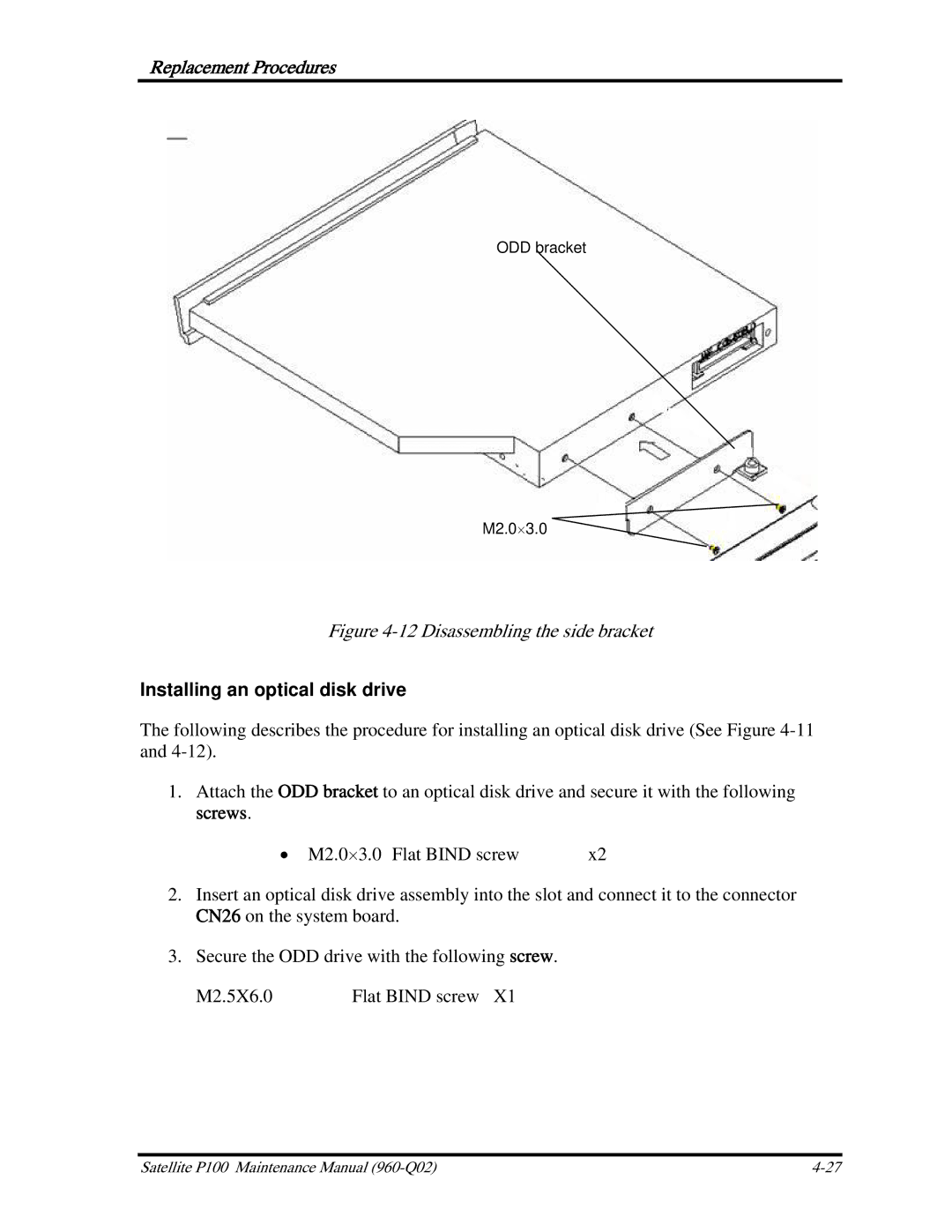 Toshiba satellite p100 manual Disassembling the side bracket, Installing an optical disk drive 