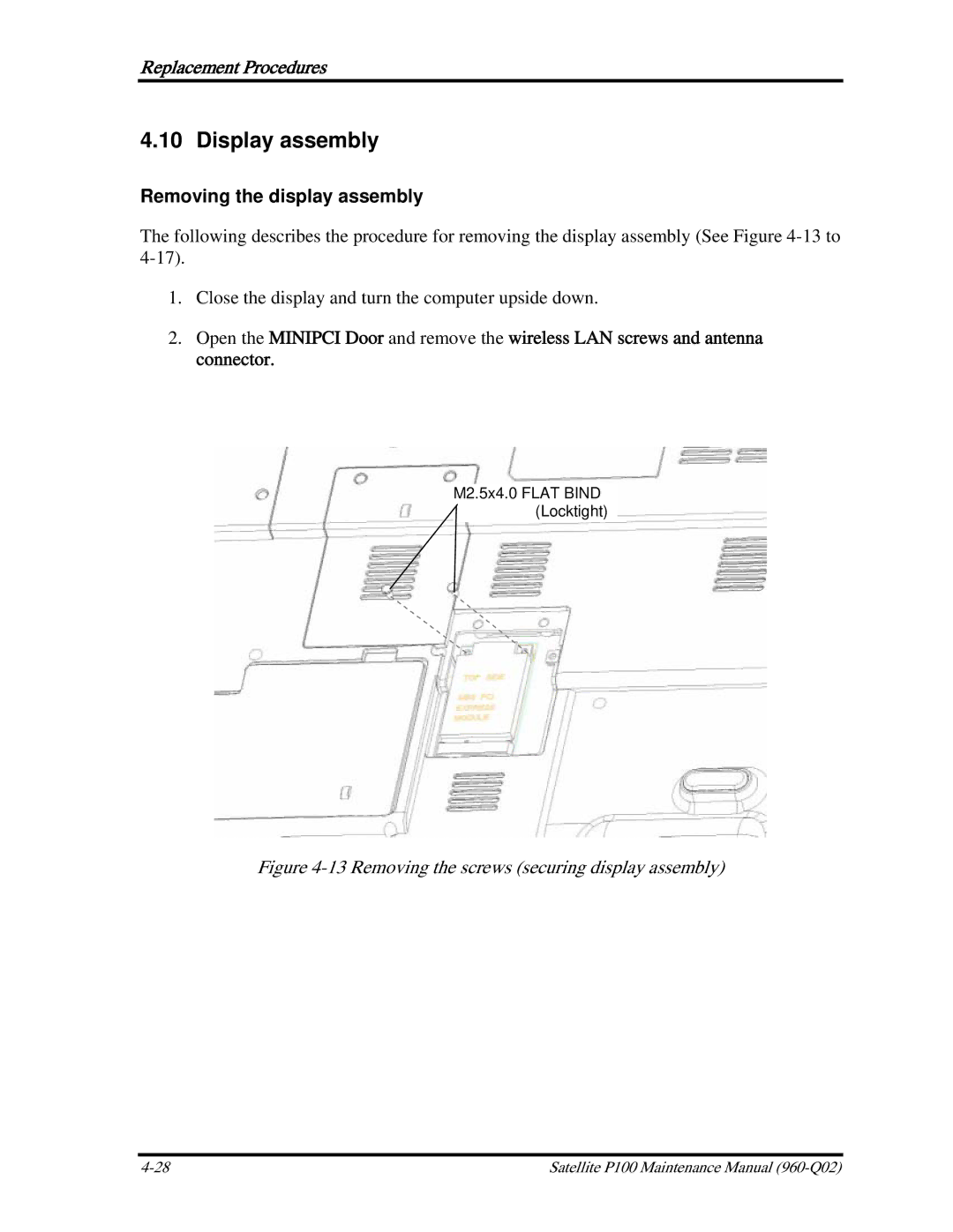 Toshiba satellite p100 manual Display assembly, Removing the display assembly 