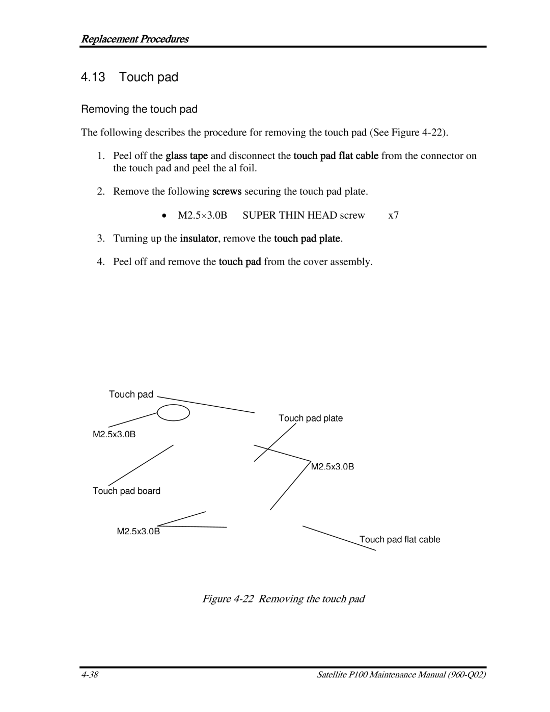 Toshiba satellite p100 manual Touch pad, Removing the touch pad 