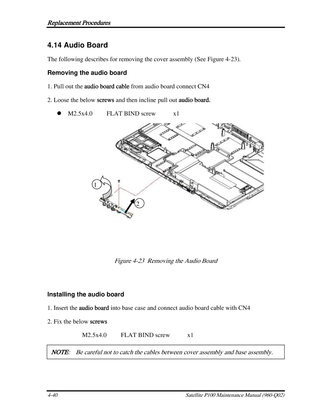 Toshiba satellite p100 manual Audio Board, Removing the audio board, Installing the audio board 