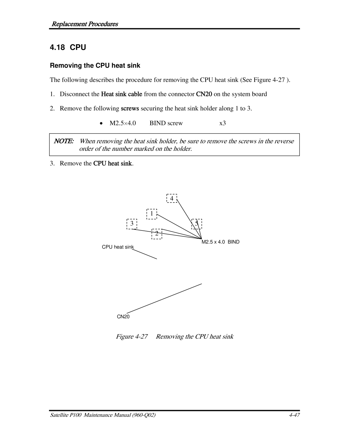 Toshiba satellite p100 manual 18 CPU, Removing the CPU heat sink 