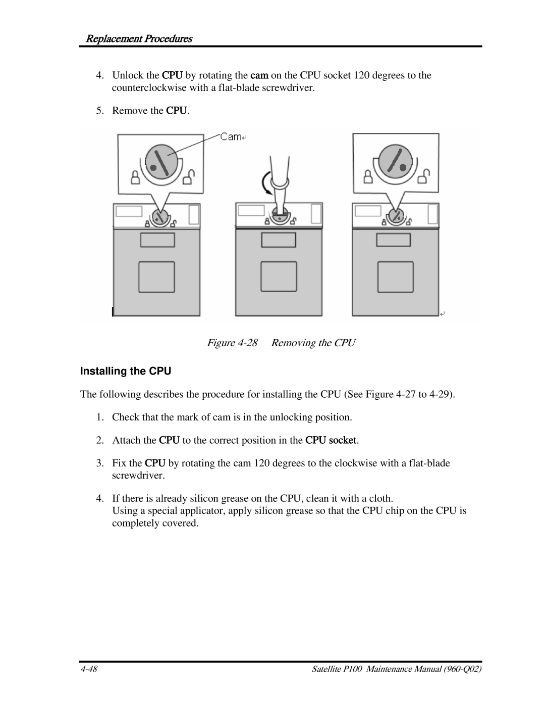 Toshiba satellite p100 manual Removing the CPU, Installing the CPU 