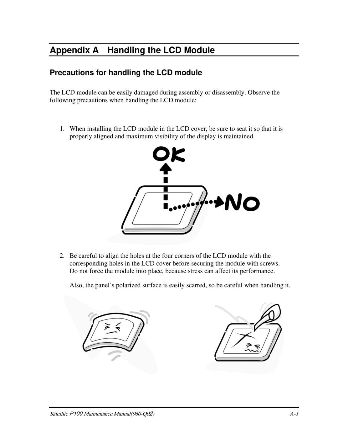 Toshiba satellite p100 manual Appendix a Handling the LCD Module, Precautions for handling the LCD module 