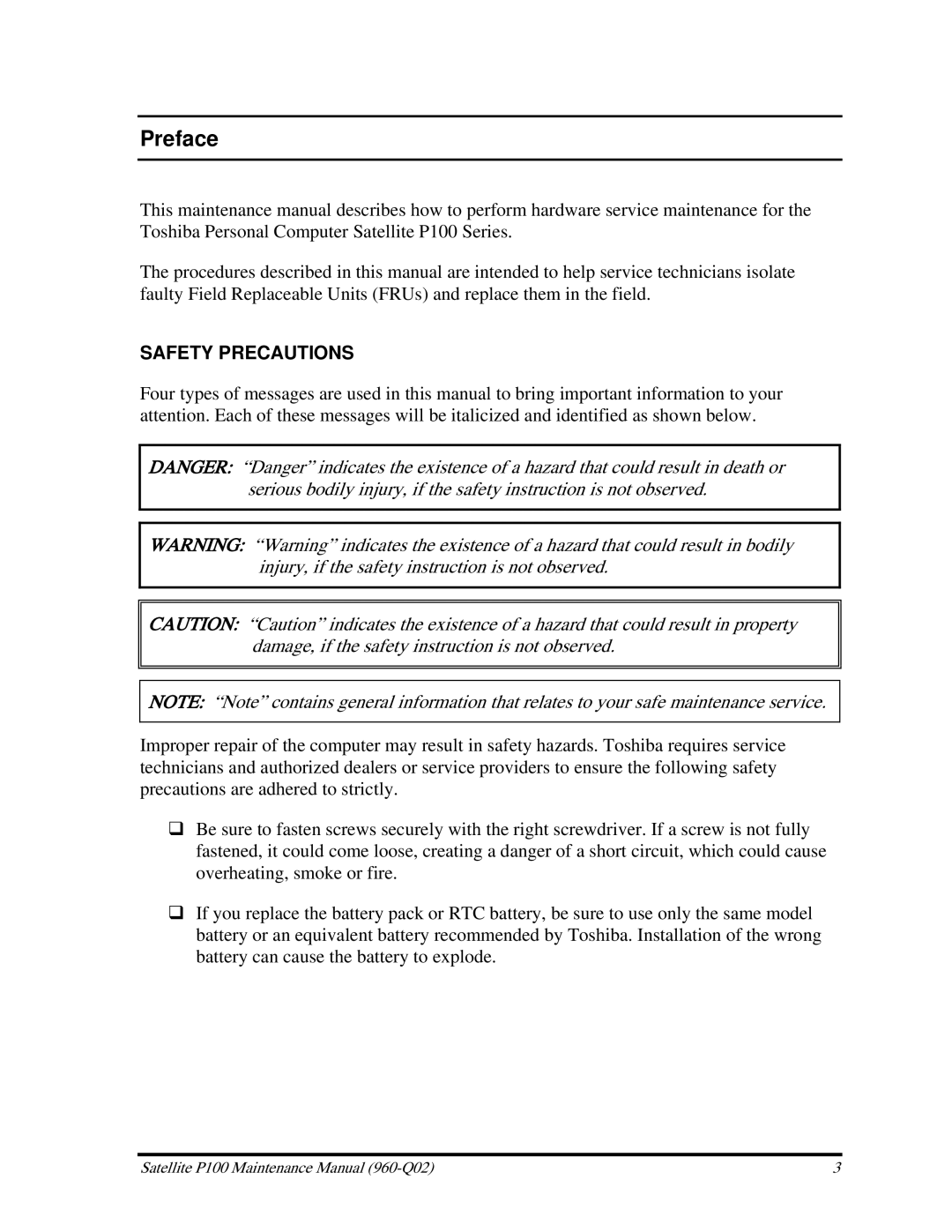 Toshiba satellite p100 manual Preface, Safety Precautions 