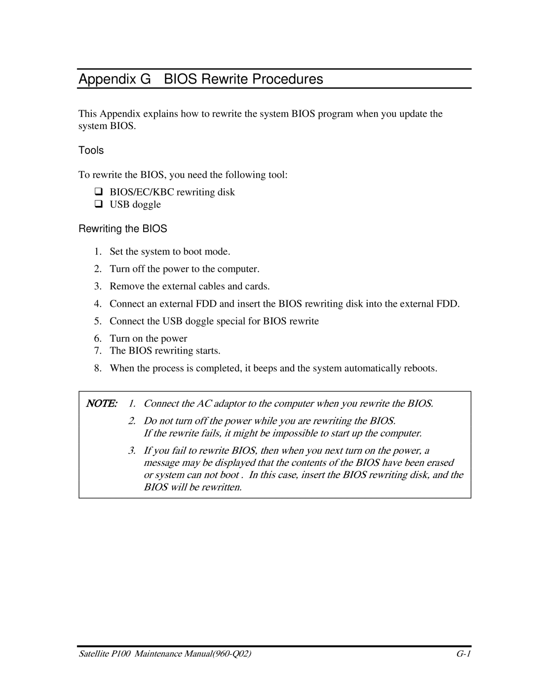 Toshiba satellite p100 manual Tools, Rewriting the Bios 