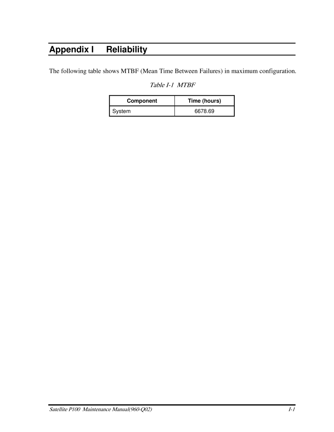 Toshiba satellite p100 manual Appendix I Reliability, Table I-1 Mtbf 