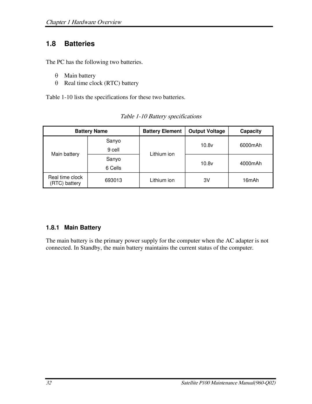 Toshiba satellite p100 manual Batteries, Battery specifications, Main Battery 