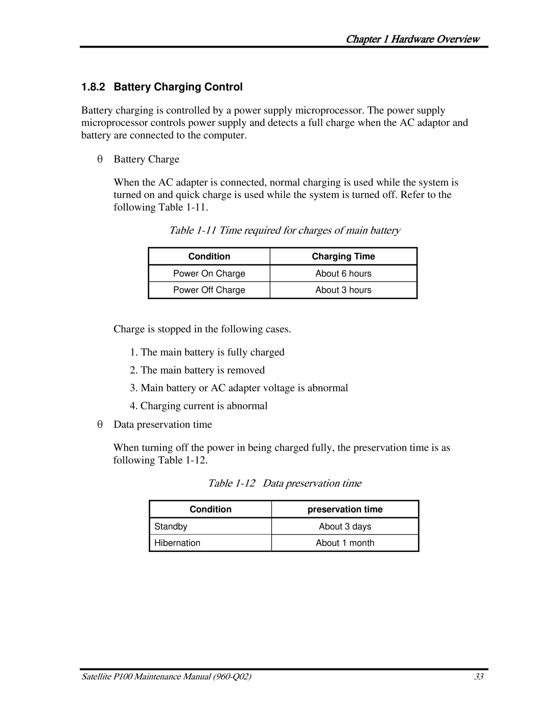 Toshiba satellite p100 manual Battery Charging Control, Time required for charges of main battery, Data preservation time 