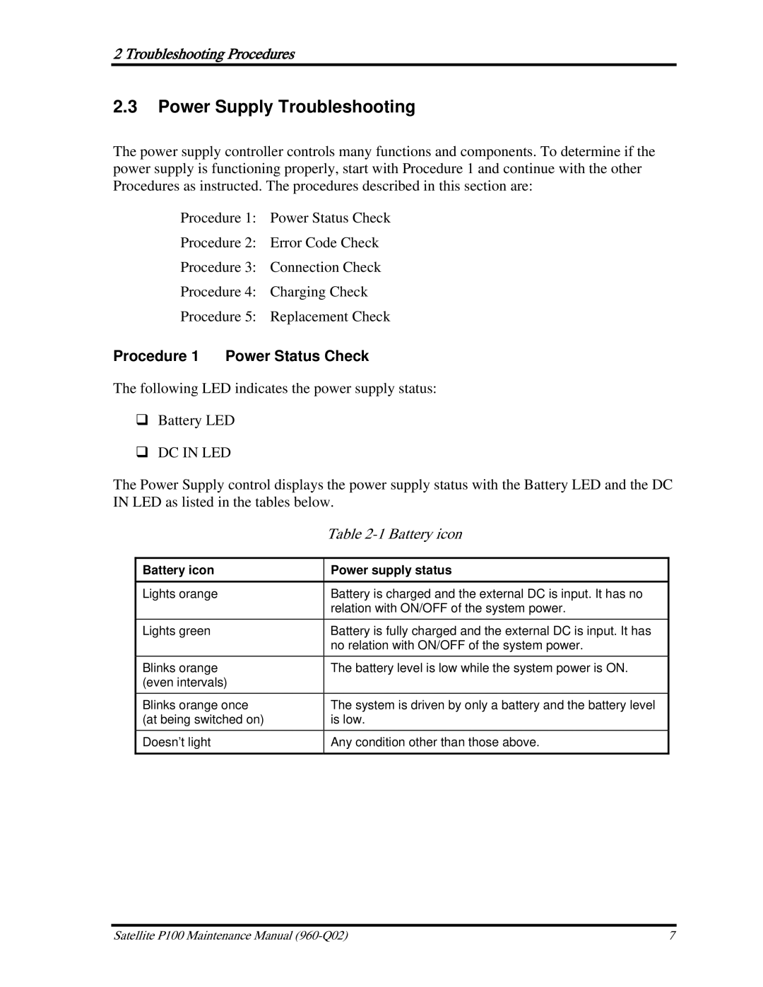 Toshiba satellite p100 manual Power Supply Troubleshooting, Procedure 1 Power Status Check, Battery icon 