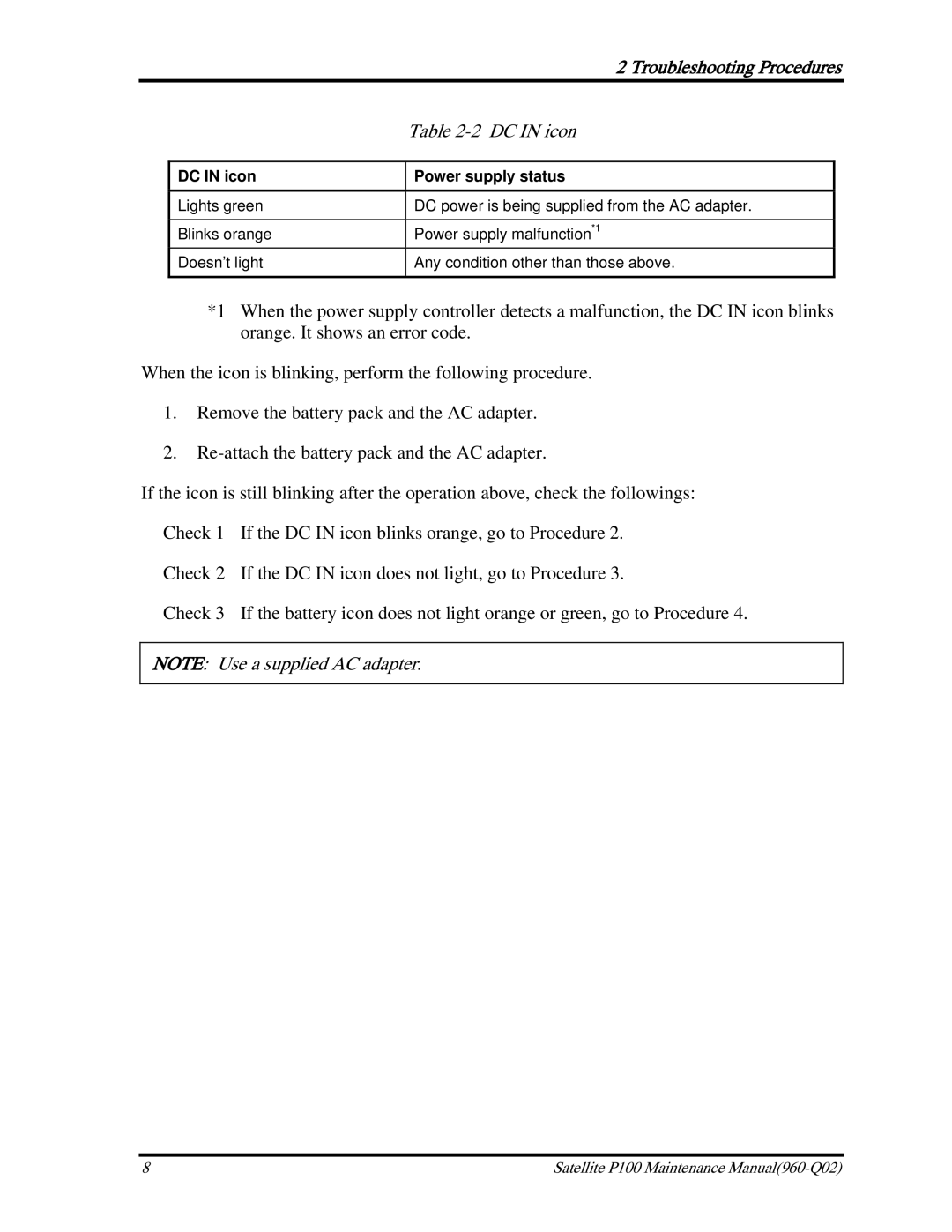 Toshiba satellite p100 manual DC in icon Power supply status 