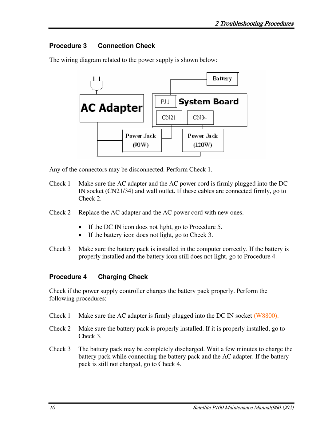 Toshiba satellite p100 manual Procedure 3 Connection Check, Procedure 4 Charging Check 