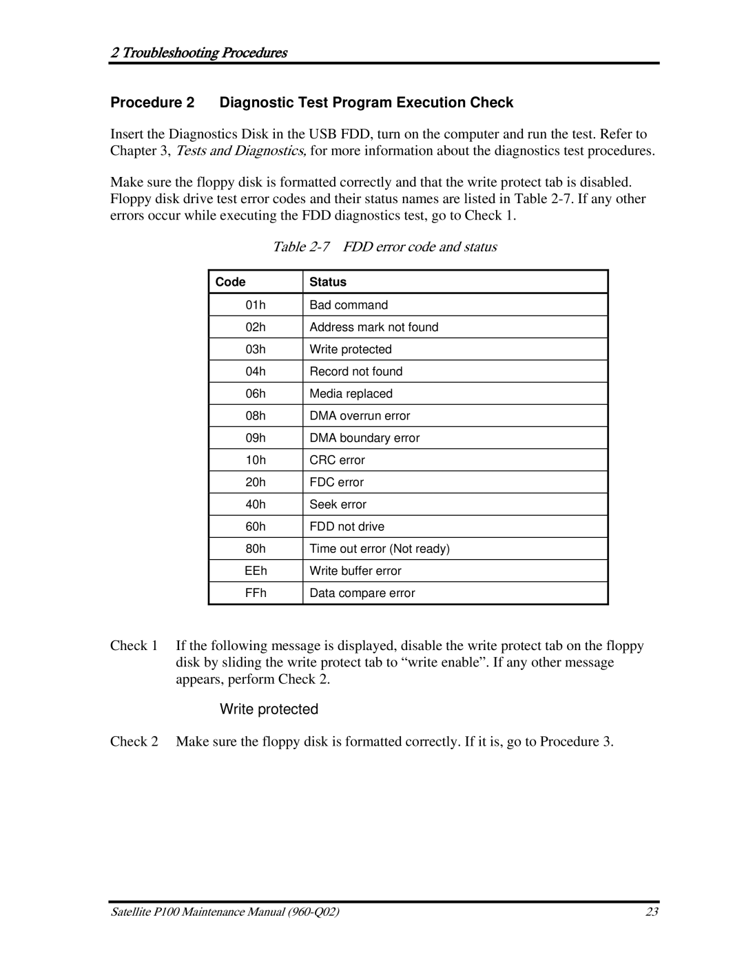 Toshiba satellite p100 manual Procedure 2 Diagnostic Test Program Execution Check, FDD error code and status 