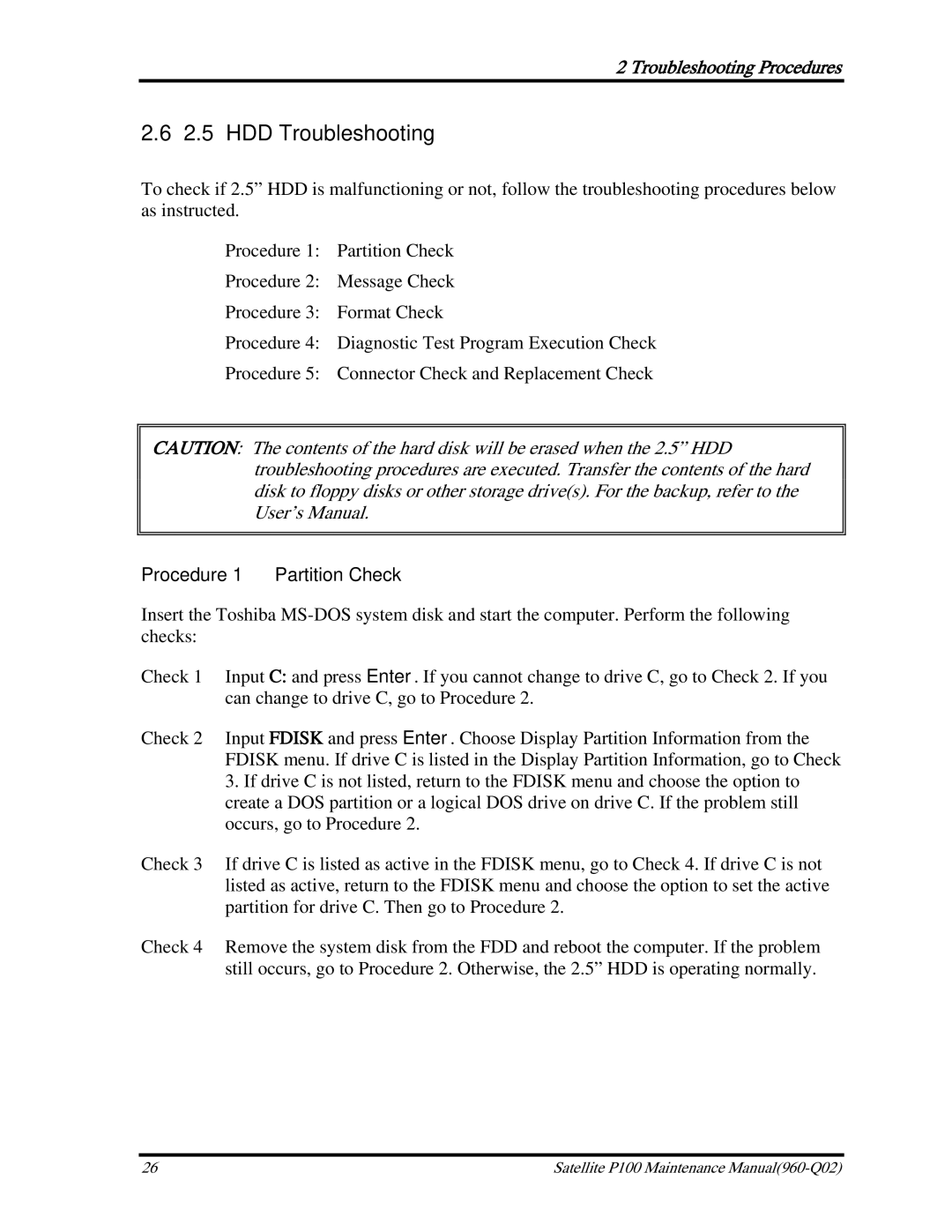Toshiba satellite p100 manual HDD Troubleshooting, Procedure 1 Partition Check 