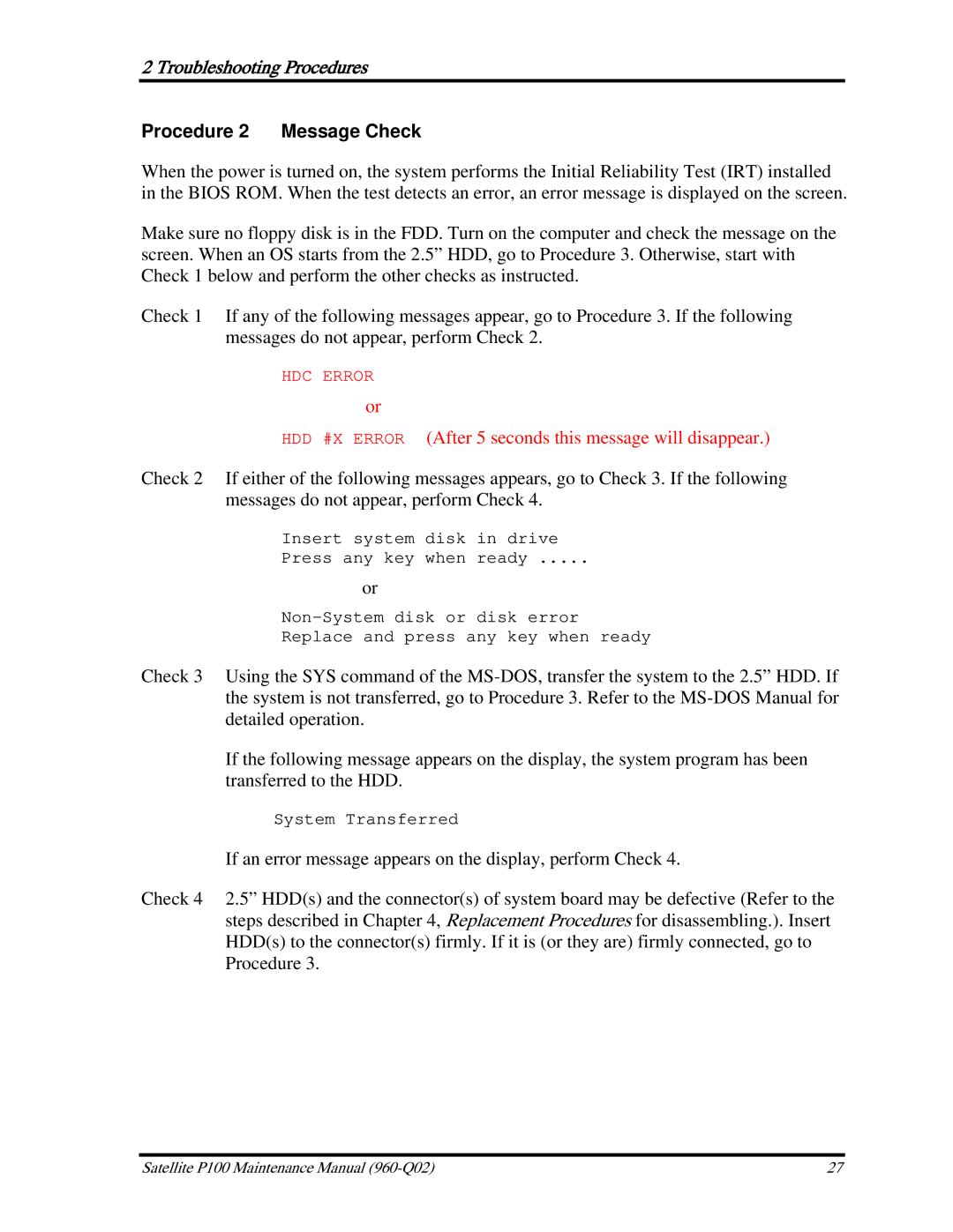 Toshiba satellite p100 manual Procedure 2 Message Check, HDD #X Error After 5 seconds this message will disappear 