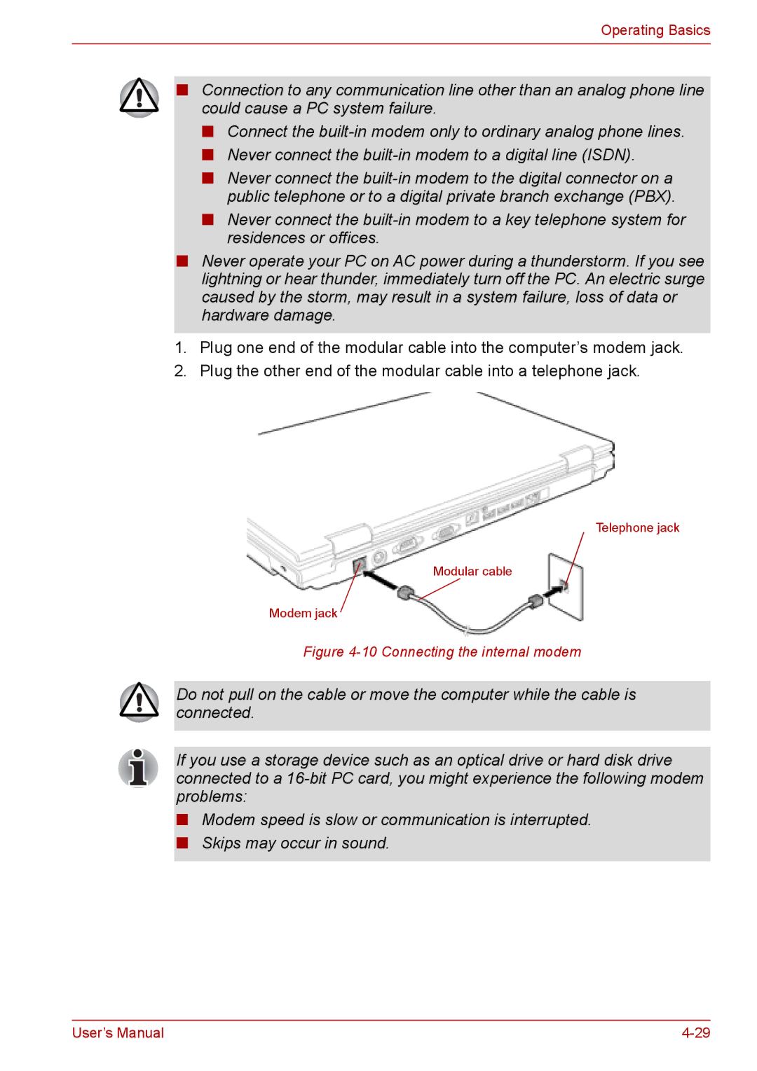 Toshiba Tecra A8, SATELLITE PRO A120 manual Connecting the internal modem 