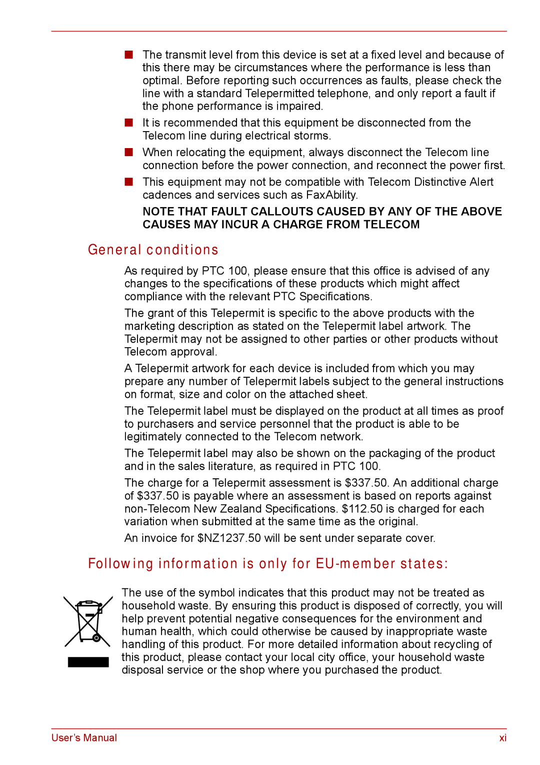 Toshiba Tecra A8, SATELLITE PRO A120 manual General conditions, Following information is only for EU-member states 