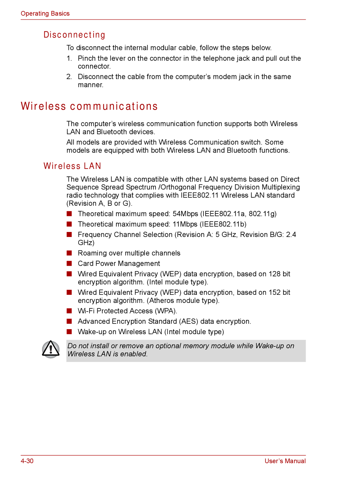 Toshiba SATELLITE PRO A120, Tecra A8 manual Wireless communications, Disconnecting, Wireless LAN 