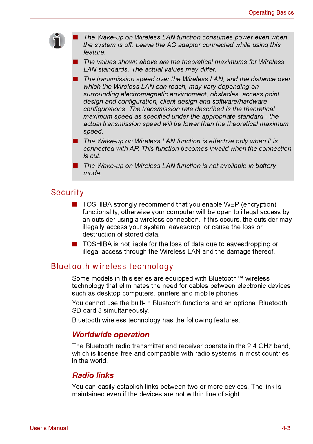 Toshiba Tecra A8, SATELLITE PRO A120 manual Security, Bluetooth wireless technology, Worldwide operation, Radio links 