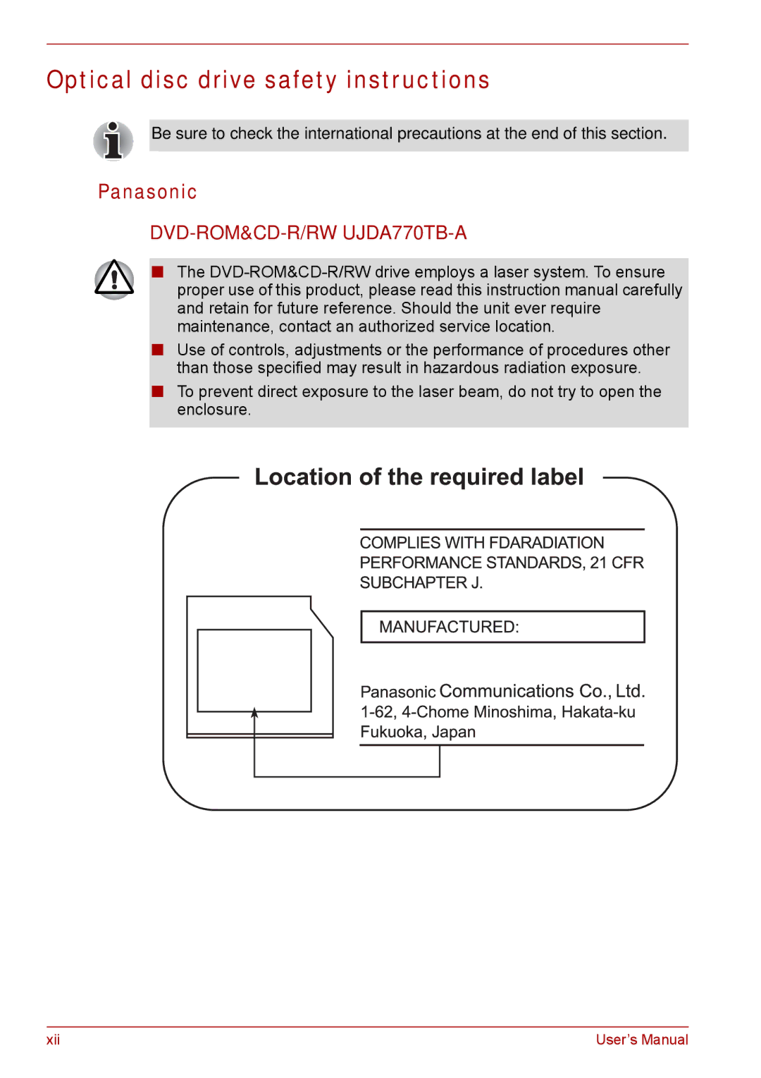 Toshiba SATELLITE PRO A120, Tecra A8 manual Optical disc drive safety instructions, Panasonic 