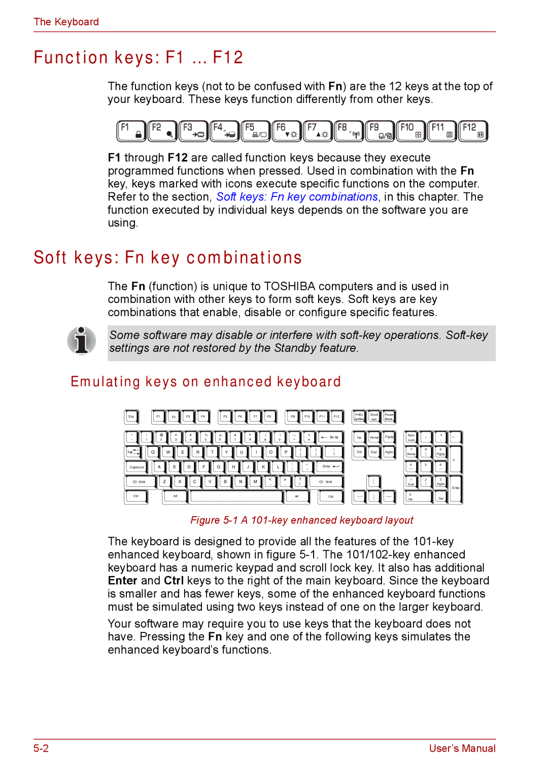 Toshiba SATELLITE PRO A120 Function keys F1 … F12, Soft keys Fn key combinations, Emulating keys on enhanced keyboard 