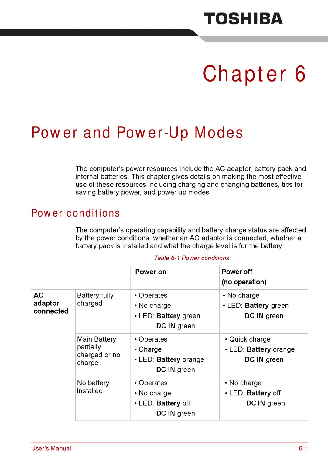 Toshiba Tecra A8, SATELLITE PRO A120 manual Power and Power-Up Modes, Power conditions 