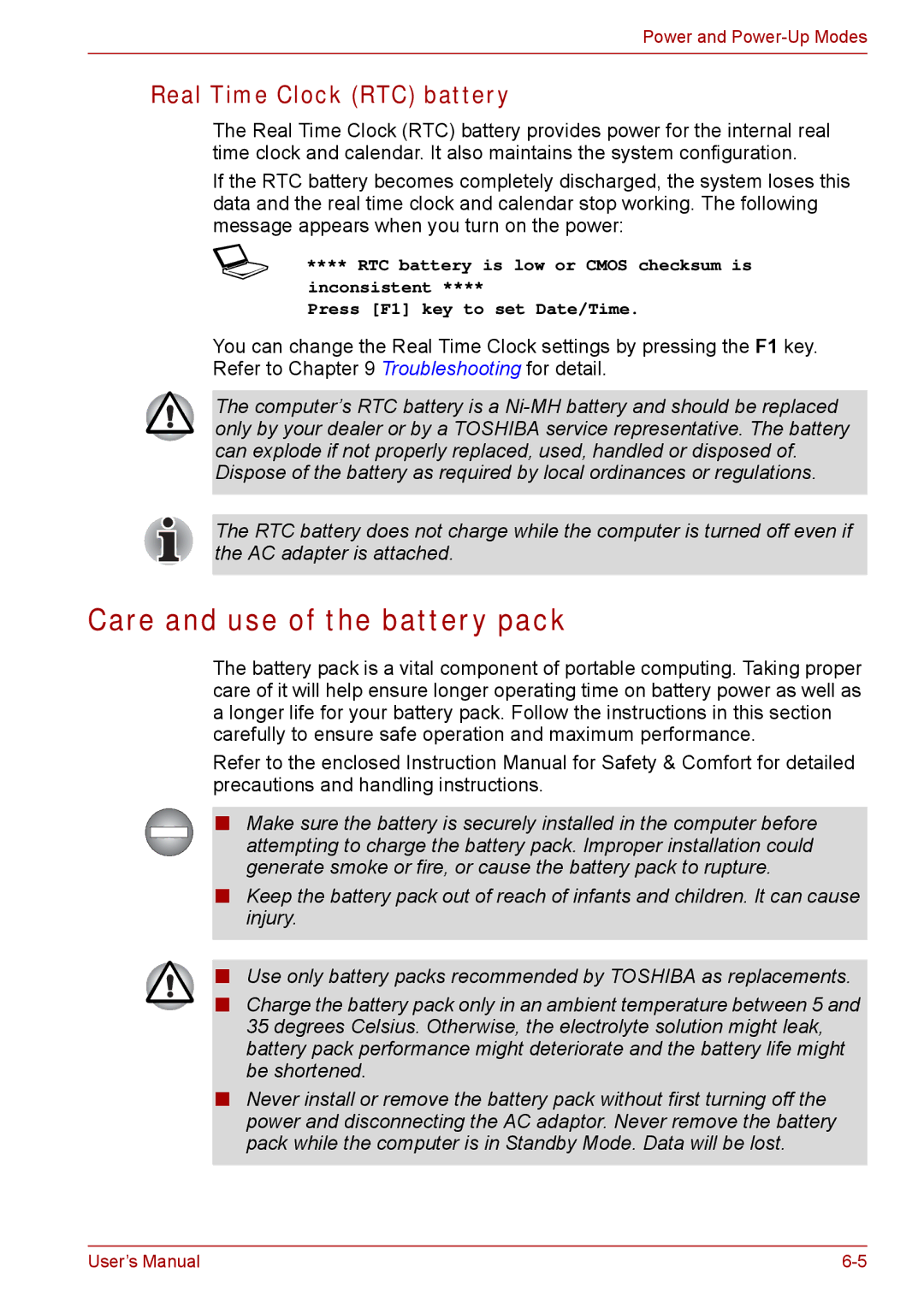 Toshiba Tecra A8, SATELLITE PRO A120 manual Care and use of the battery pack, Real Time Clock RTC battery 