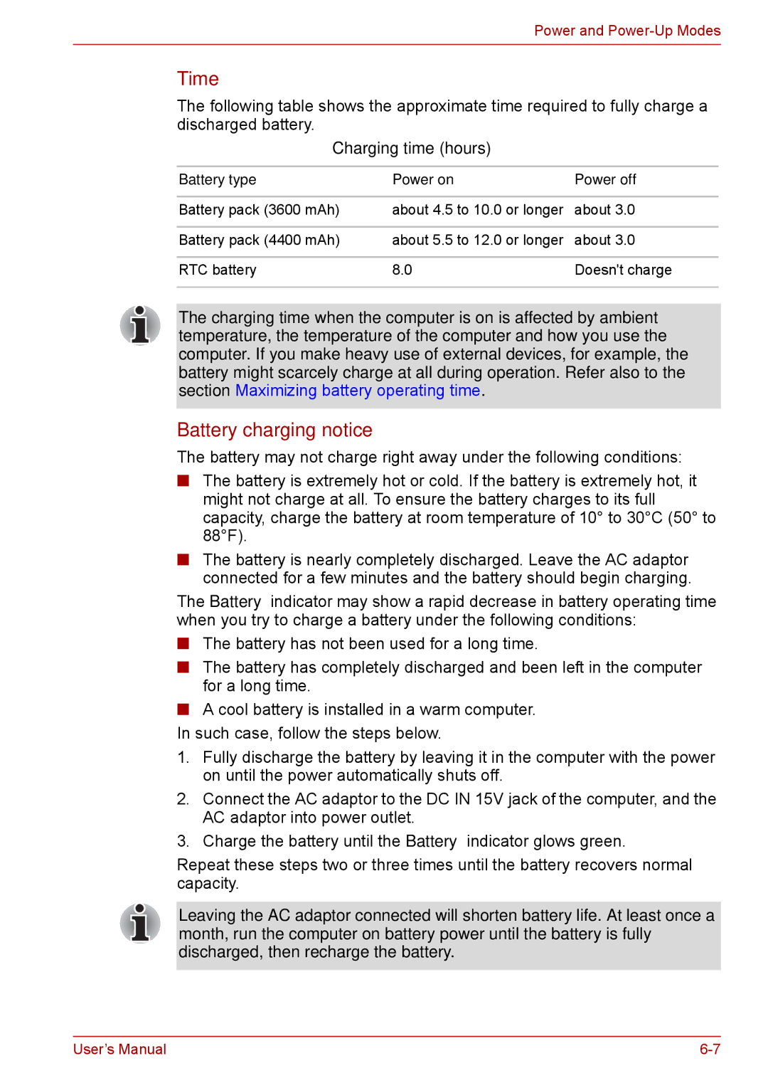 Toshiba Tecra A8, SATELLITE PRO A120 manual Time, Battery charging notice, Charging time hours 