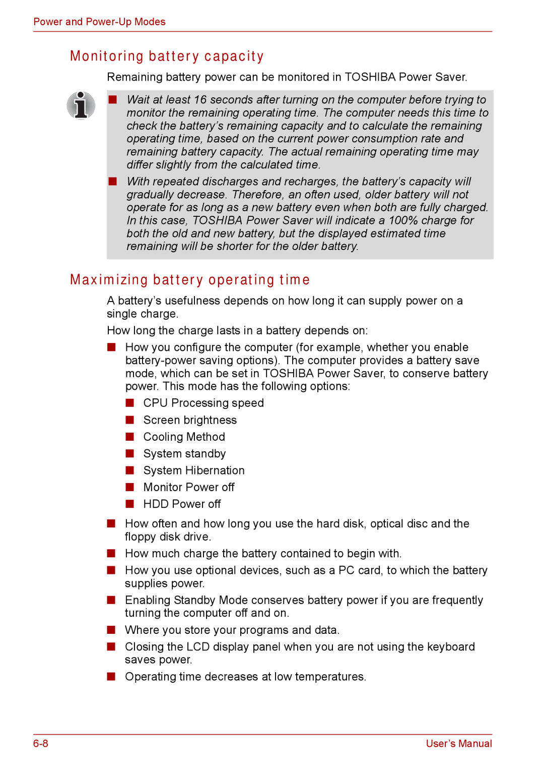 Toshiba SATELLITE PRO A120, Tecra A8 manual Monitoring battery capacity, Maximizing battery operating time 