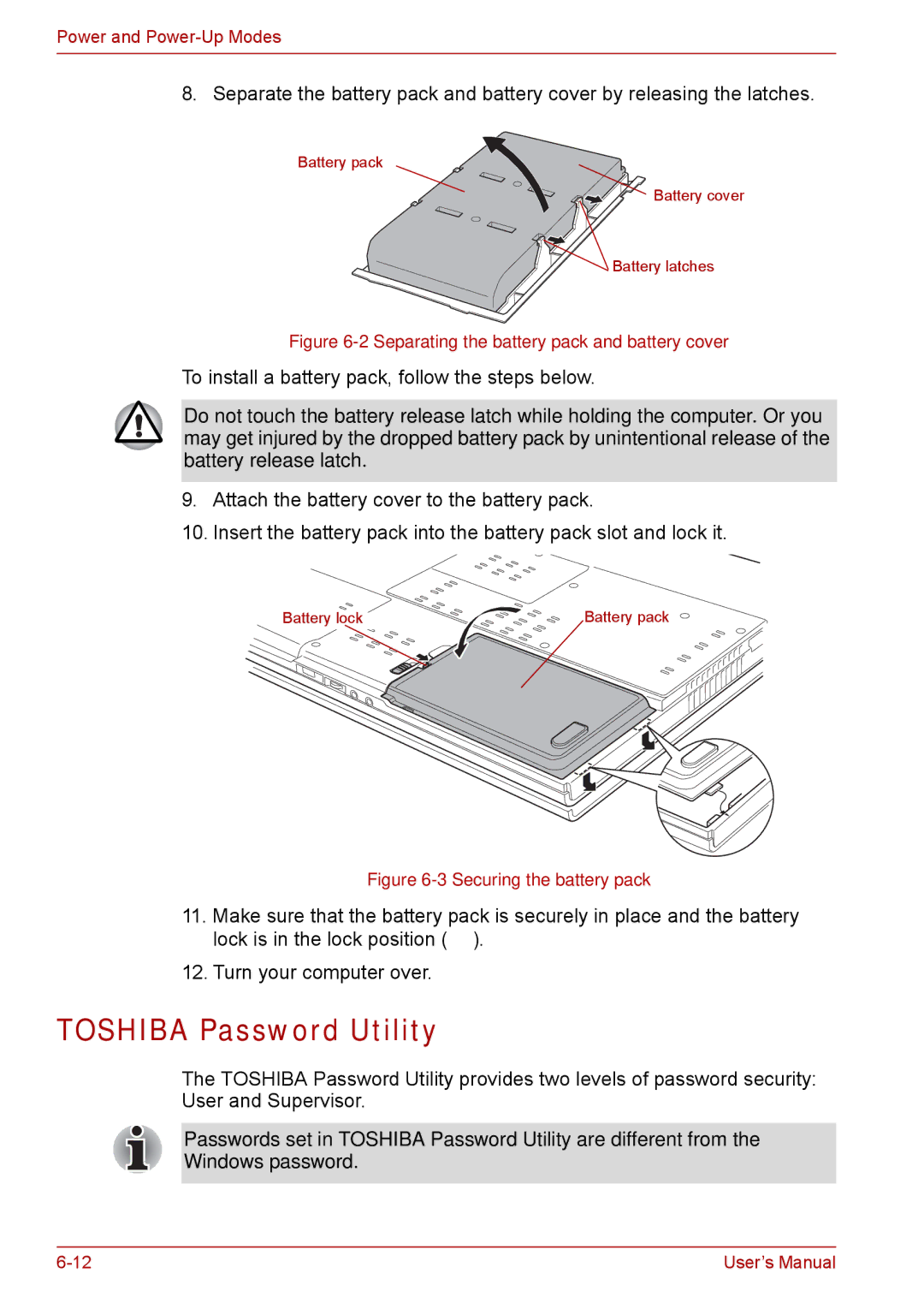 Toshiba SATELLITE PRO A120, Tecra A8 manual Toshiba Password Utility, Separating the battery pack and battery cover 