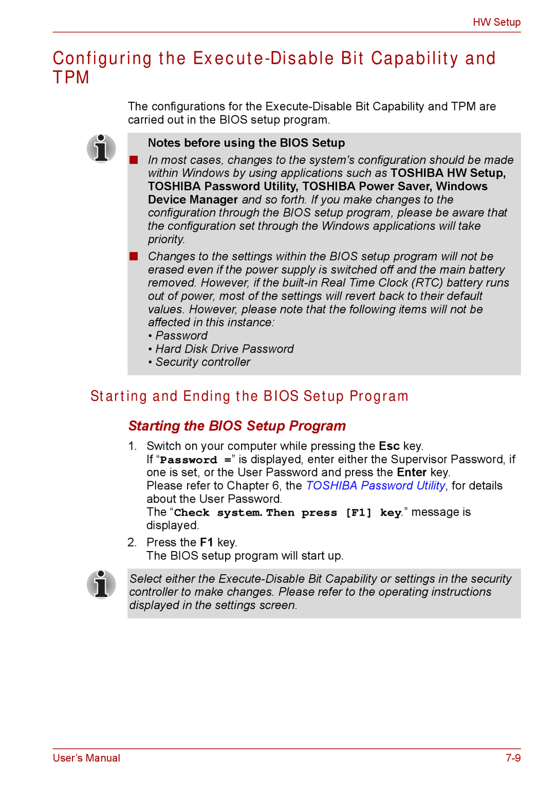 Toshiba Tecra A8 manual Configuring the Execute-Disable Bit Capability, Starting and Ending the Bios Setup Program 