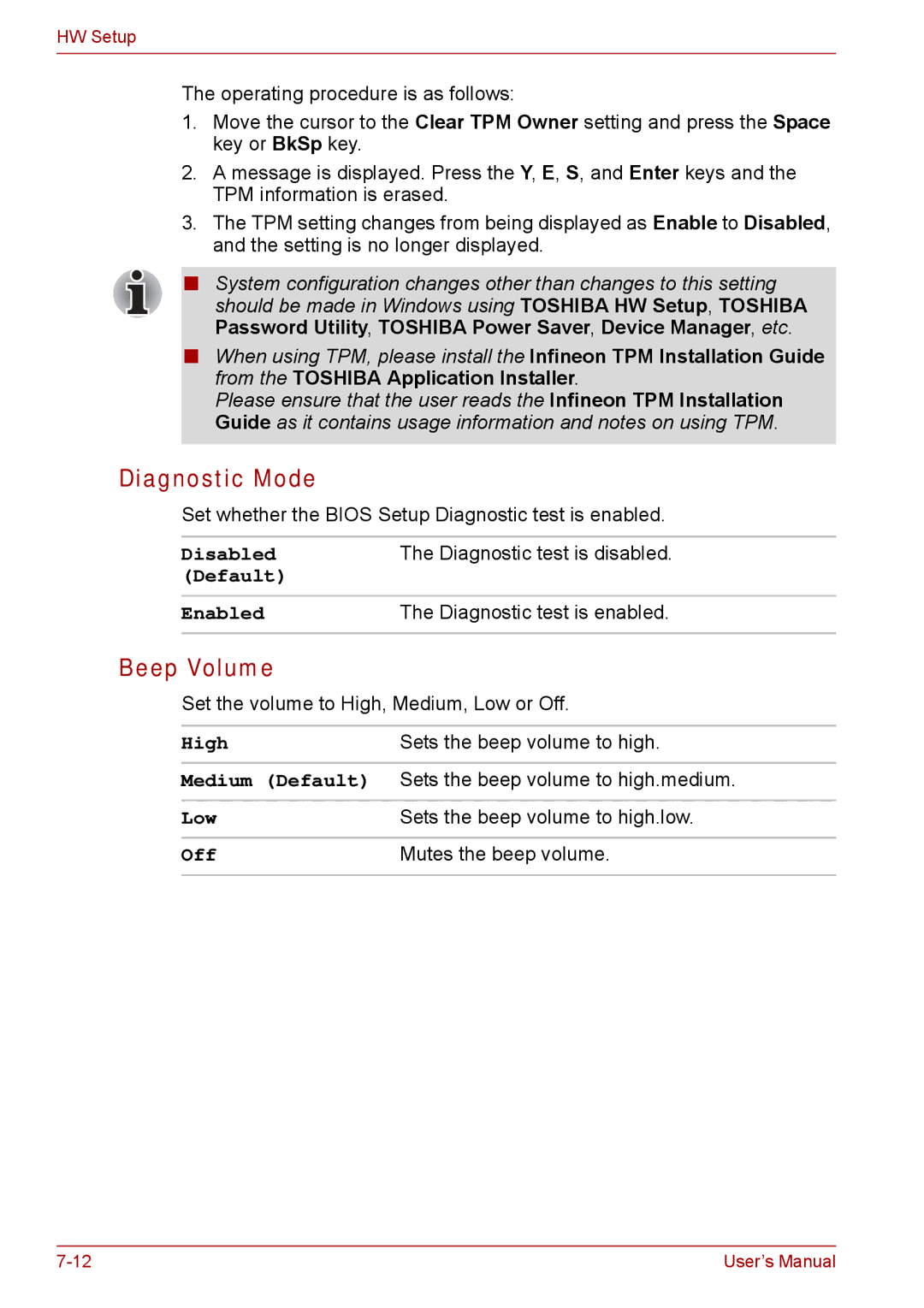 Toshiba SATELLITE PRO A120, Tecra A8 Diagnostic Mode, Beep Volume, Diagnostic test is disabled, Diagnostic test is enabled 