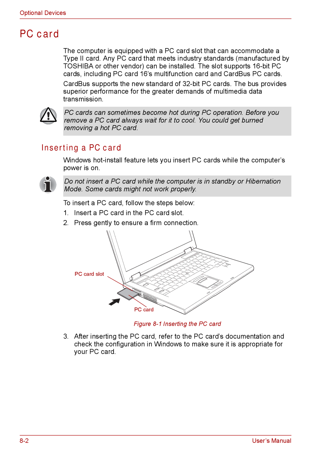 Toshiba SATELLITE PRO A120, Tecra A8 manual Inserting a PC card 