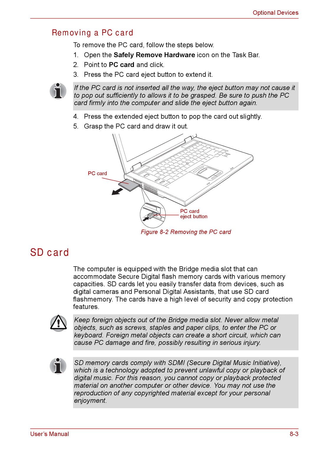 Toshiba Tecra A8, SATELLITE PRO A120 manual SD card, Removing a PC card 